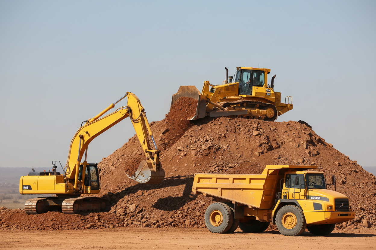 A construction site. A big pile of dirt in the middle where on top there is a bulldozer digging up dirt. An excavator on the left of the frame unloading dirt into a truck that standing in front right of the pile of dirt. All three vehicles are yellow and in the back of the picture I want to be simple and not distracting 